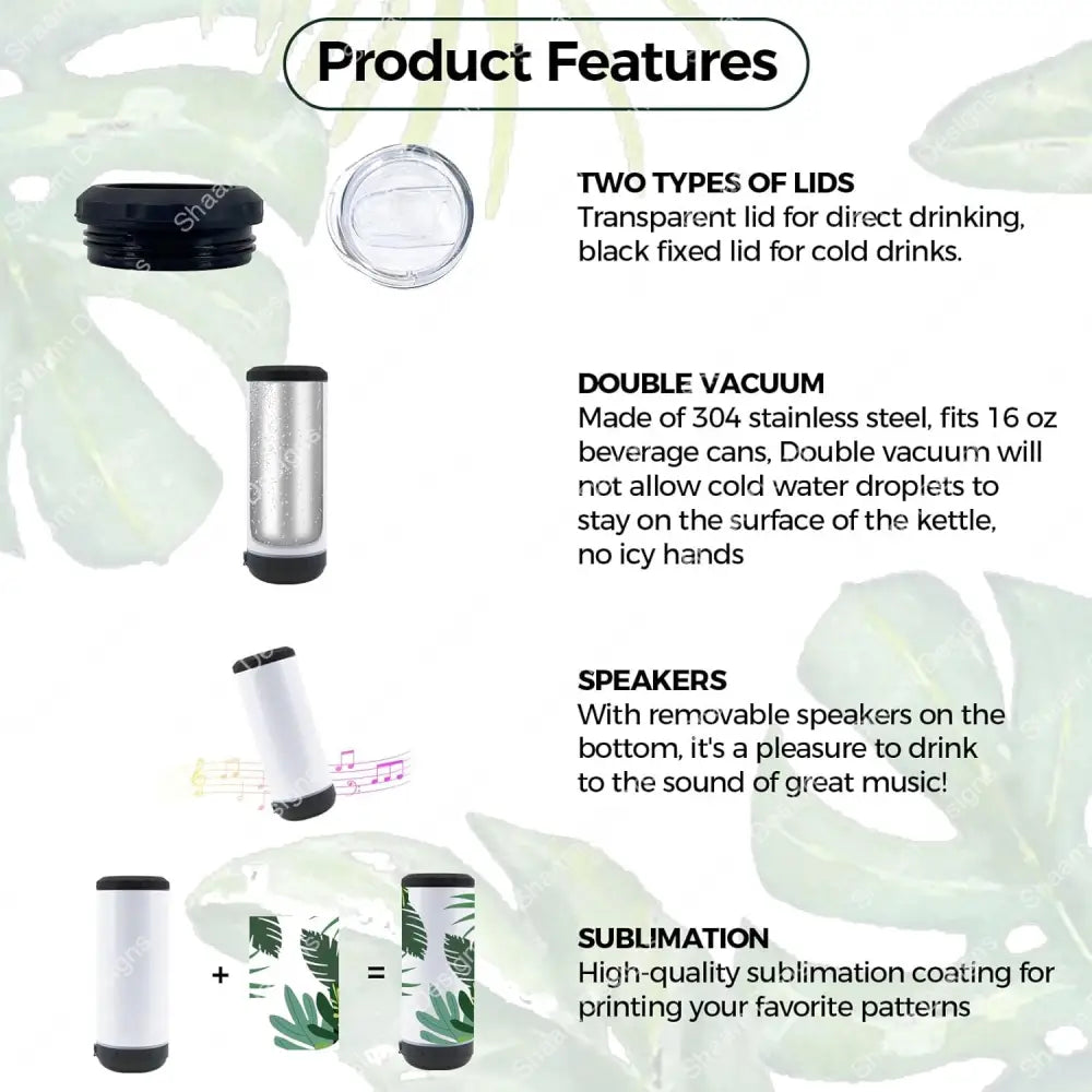16 oz 4 IN 1 Sublimation Music Bluetooth Speaker Blank Tumblers Stainless BLANK B33 - Tumblers