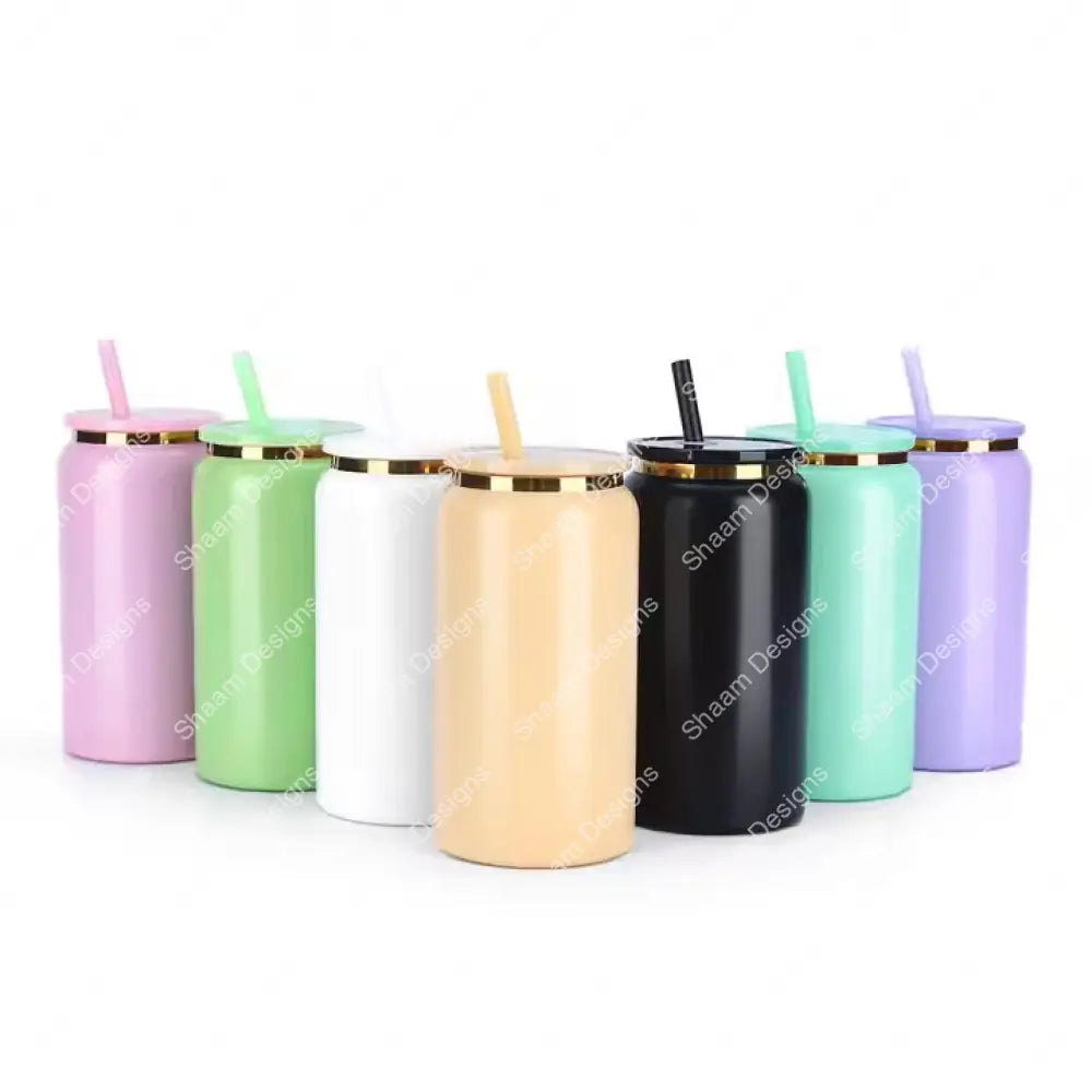 16oz Glossy Stainless Steel Sublimation Soda Can with Gold Plated Rim